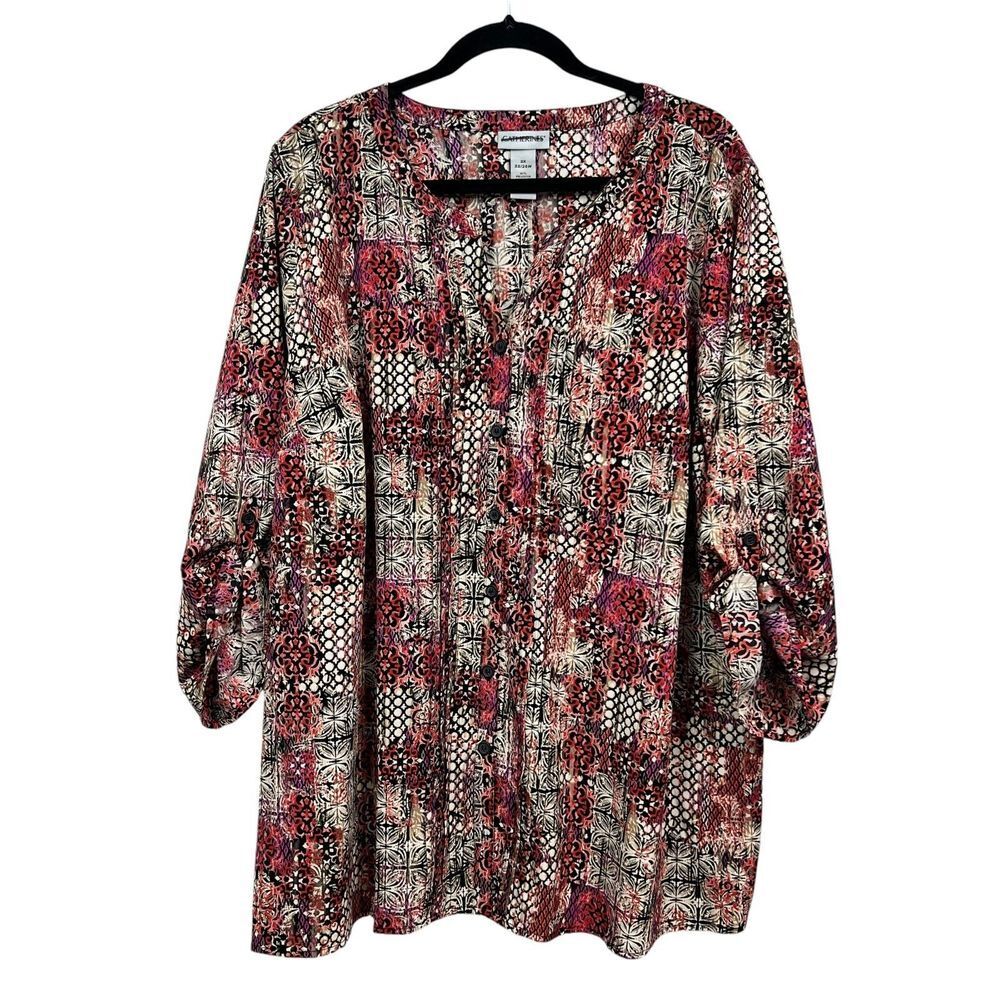 Catherines Women Floral Blouse V Neck Pleated Roll Tab Sleeves Red Orange Sz 2X*